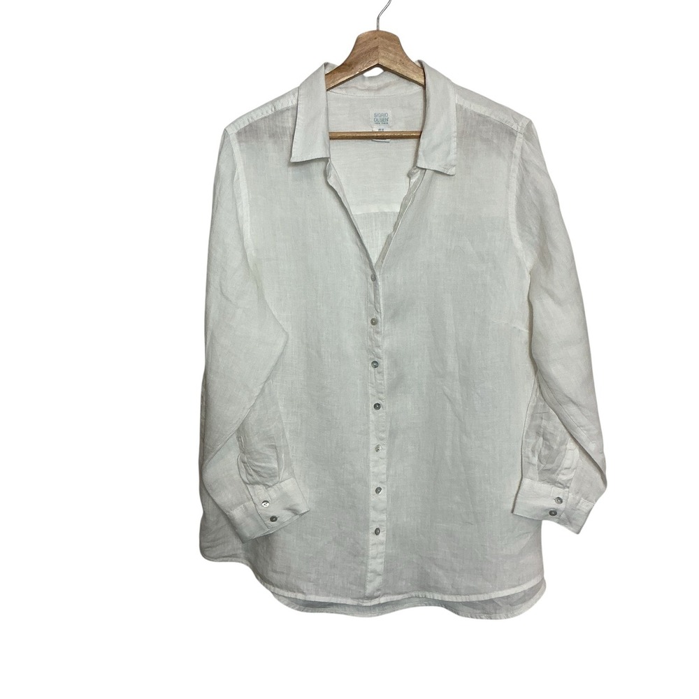 Sigrid Olsen 100% Linen Roll Tab Button Down Shirt White Abalone Buttons Size 1X